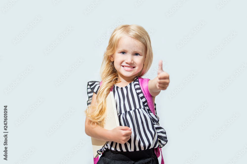 Little child girl beautiful fashionable and happy on isolated background, back to school Little child girl beautiful fashionable and happy on isolated background, back to school