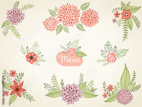 Rustic floral design elements. Hand drawn compositions with decorative flowers, leaves and branches. 
