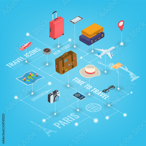 Travel equipment in Isometric style. Travel and tourism concept. Vector