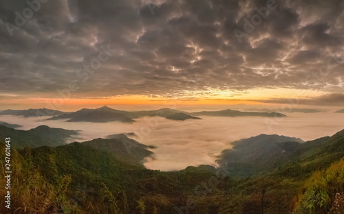 sunrise at Doi Pha Tang  beautiful mountain view morning panorama 180 degree of top hill around with sea of mist with yellow sun light and cloudy sky background  Chiang Rai  Thailand.