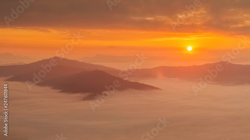 sunrise at Doi Pha Tang, beautiful mountain view morning panorama 180 degree of top hill around with sea of mist with yellow sun light and cloudy sky background, Chiang Rai, Thailand. © Yuttana Joe