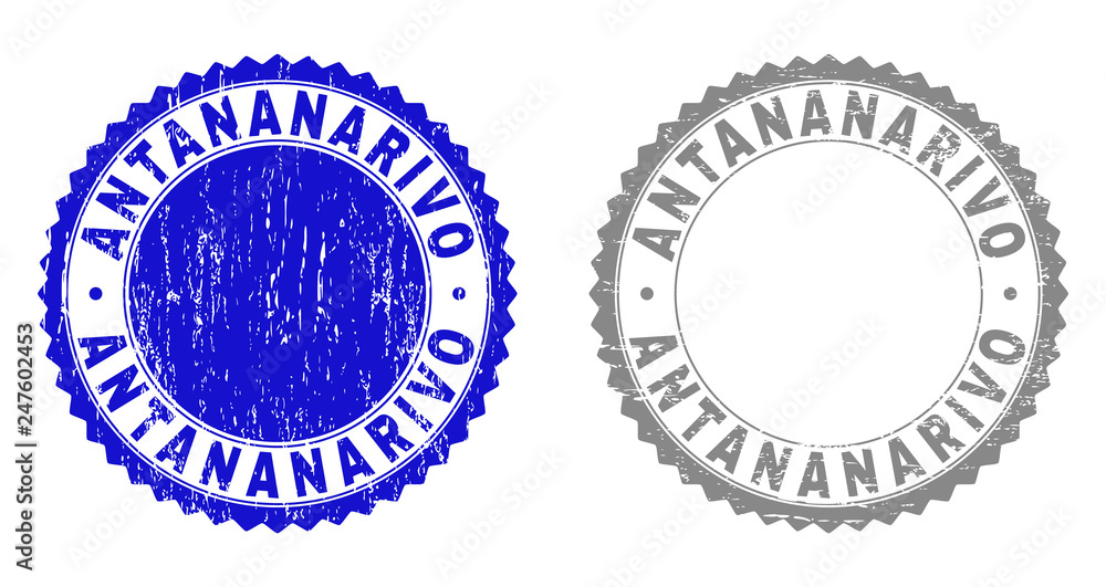 Grunge ANTANANARIVO stamp seals isolated on a white background. Rosette seals with distress texture in blue and gray colors. Vector rubber overlay of ANTANANARIVO label inside round rosette. Grunge ANTANANARIVO stamp seals isolated on a white background. Rosette seals with distress texture in blue and gray colors. Vector rubber overlay of ANTANANARIVO label inside round rosette.