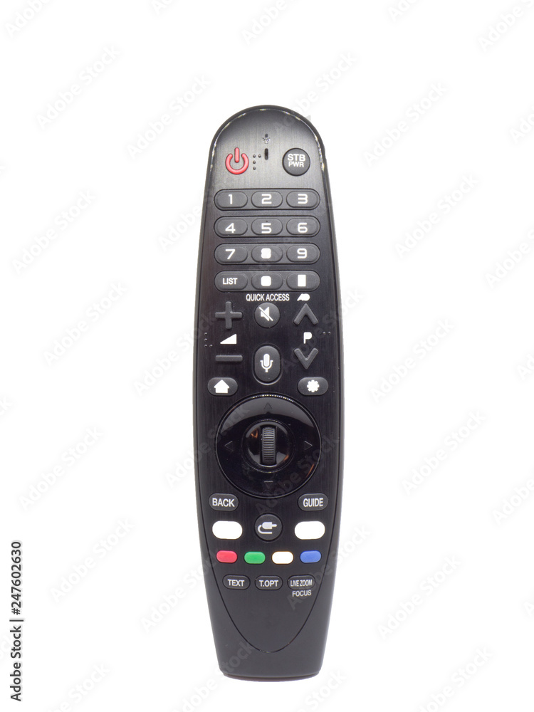 modern black remote controller tv on isolated white background