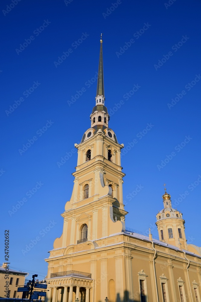 Peter and Pauls cathedral. Architecture of Saint-Petersburg, Russia. Color picture. Popular landmark. Winter photo