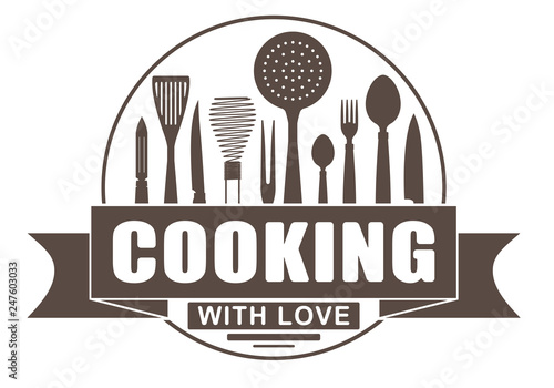 Cooking with love round vector design for your logo or emblem with banner and silhouettes of cooking utensils and kitchenware.