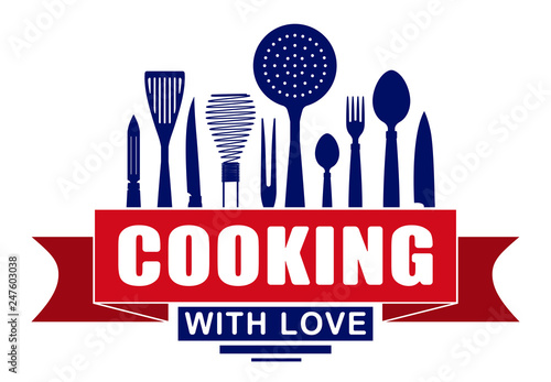 Cooking with love vector design for your logo or emblem with red banner and silhouettes of cooking utensils and kitchenware.