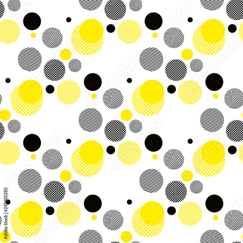 Vector geometric seamless pattern. Universal Repeating abstract circles figure in black white yellow. Modern circle design, pointillism eps10