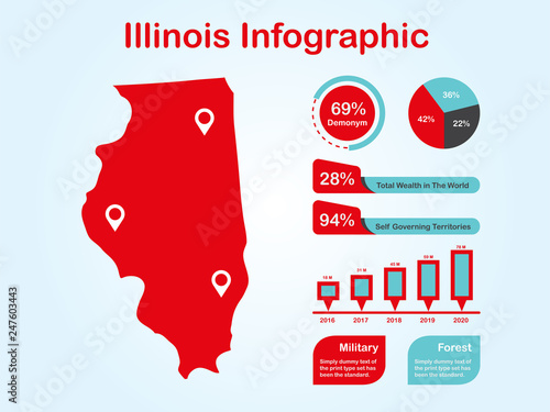 Illinois State (USA) Map with Set of Infographic Elements in Red Color in Light Background. Modern Information Graphics Element for your design.