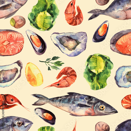 Hand drawn watercolor seamless pattern with seafood.