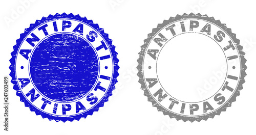 Grunge ANTIPASTI stamp seals isolated on a white background. Rosette seals with grunge texture in blue and grey colors. Vector rubber overlay of ANTIPASTI text inside round rosette.