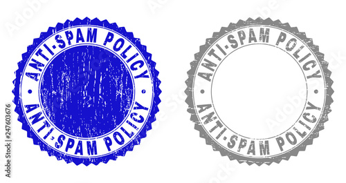 Grunge ANTI-SPAM POLICY stamp seals isolated on a white background. Rosette seals with grunge texture in blue and grey colors. Vector rubber imitation of ANTI-SPAM POLICY label inside round rosette.
