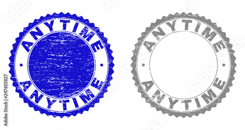 Grunge ANYTIME stamp seals isolated on a white background. Rosette seals with distress texture in blue and grey colors. Vector rubber imitation of ANYTIME caption inside round rosette.