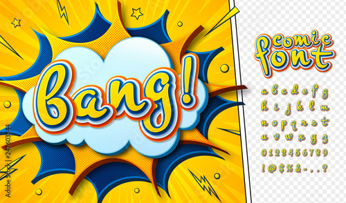 3d cartoon comic font. Kid's alphabet in style of pop art. Multilayer colorful blue-yellow letters on comics book page, speech bubble, burst for decoration of children's illustration, posters, banners