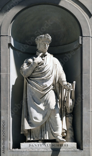 Dante Alighieri in the Niches of the Uffizi Colonnade. The first half of the 19th Century they were occupied by 28 statues of famous people in Florence, Italy. photo
