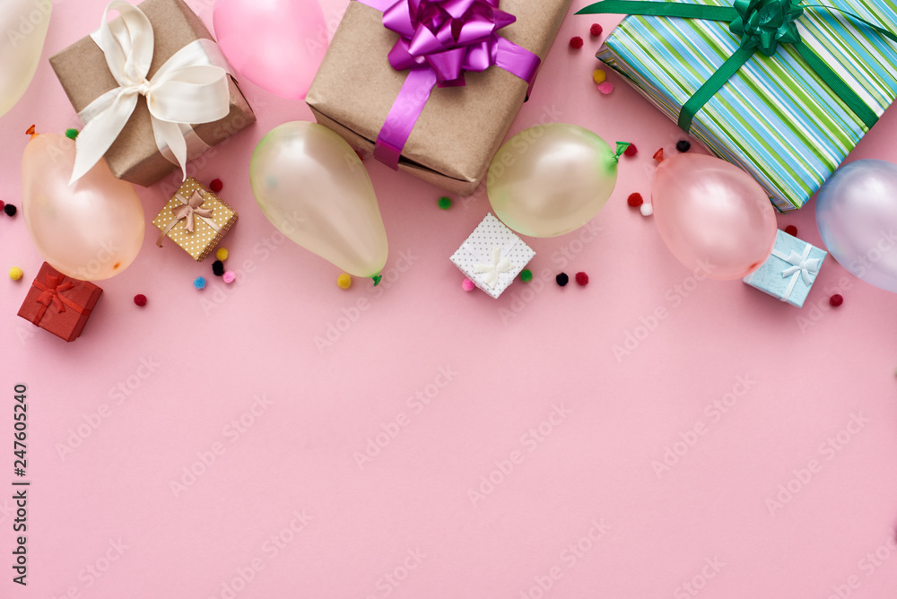 Best birthday party! Colorful balloons, gift boxes and confetti