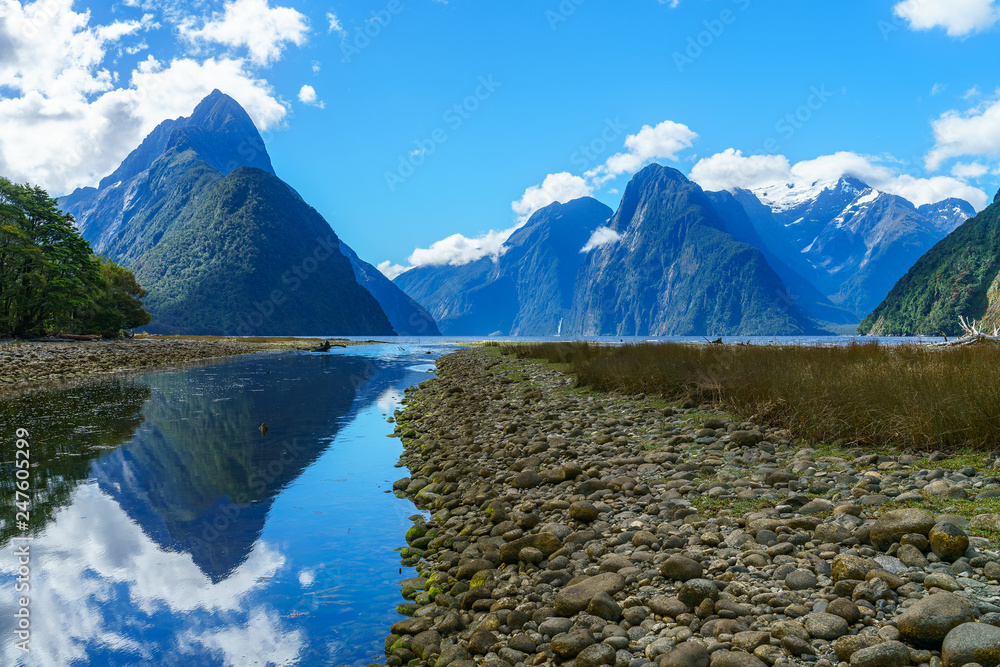 reflections of mountains in the water, milford sound, new zealand 39