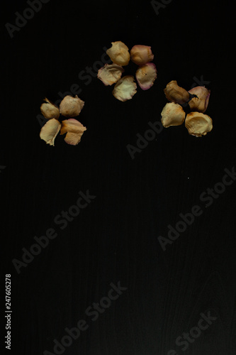 Photo of dried rose petals on a black background