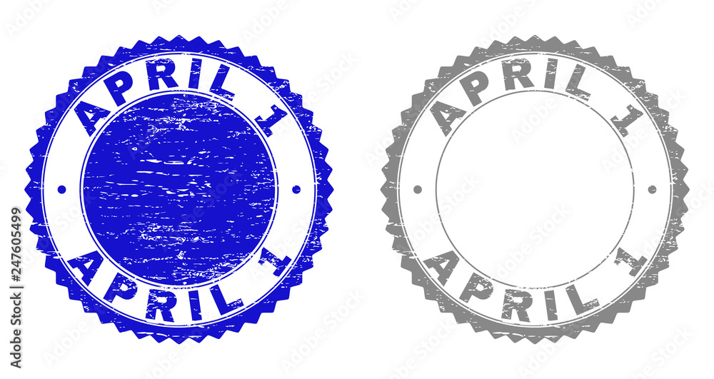Obraz premium Grunge APRIL 1 stamp seals isolated on a white background. Rosette seals with grunge texture in blue and grey colors. Vector rubber imitation of APRIL 1 title inside round rosette.