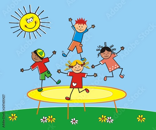 Happy children jumping on a trampoline. At background is meadow, sky and sun. Funny vector illustration.