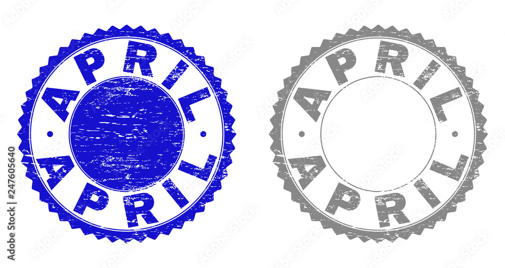 Grunge APRIL stamp seals isolated on a white background. Rosette seals with grunge texture in blue and grey colors. Vector rubber imitation of APRIL label inside round rosette. Grunge APRIL stamp seals isolated on a white background. Rosette seals with grunge texture in blue and grey colors. Vector rubber imitation of APRIL label inside round rosette.