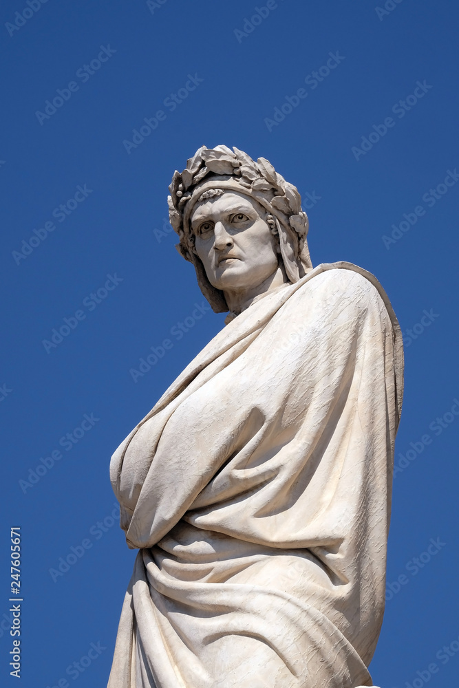 Dante Alighieri statue in Santa Croce square in Florence, Italy