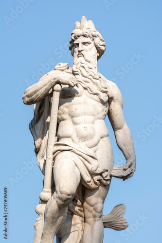 Detail of Neptune Statue on top of Danubius Fountain at Erzsebet Park  Budapest  Hungary
