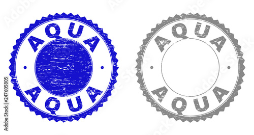Grunge AQUA stamp seals isolated on a white background. Rosette seals with grunge texture in blue and grey colors. Vector rubber overlay of AQUA text inside round rosette.