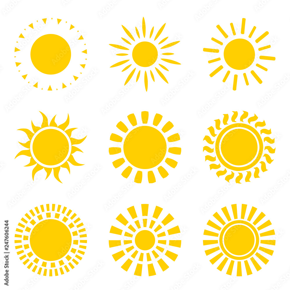 Set of yellow sun icon symbols isolated on white Set of yellow sun icon symbols isolated on white