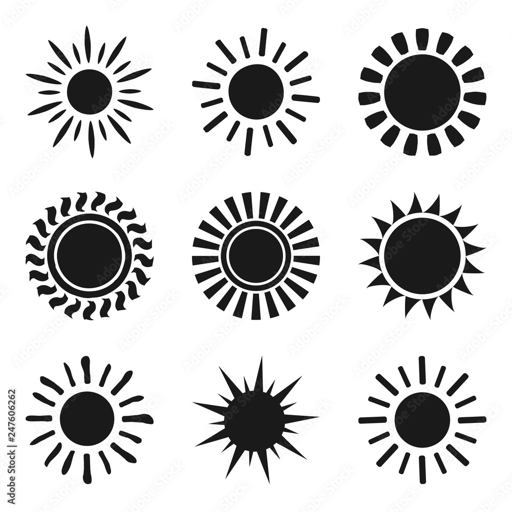 Set of black sun icon symbols isolated on white Set of black sun icon symbols isolated on white