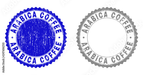 Grunge ARABICA COFFEE stamp seals isolated on a white background. Rosette seals with grunge texture in blue and gray colors. Vector rubber imitation of ARABICA COFFEE title inside round rosette.