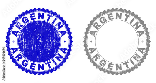 Grunge ARGENTINA stamp seals isolated on a white background. Rosette seals with grunge texture in blue and grey colors. Vector rubber imprint of ARGENTINA tag inside round rosette.