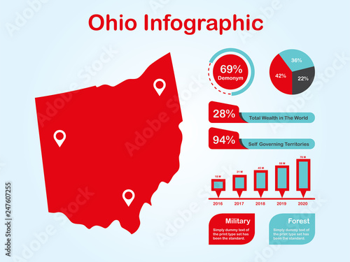 Ohio State (USA) Map with Set of Infographic Elements in Red Color in Light Background. Modern Information Graphics Element for your design.
