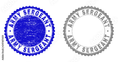 Grunge ARMY SERGEANT stamp seals isolated on a white background. Rosette seals with grunge texture in blue and gray colors. Vector rubber imprint of ARMY SERGEANT tag inside round rosette.