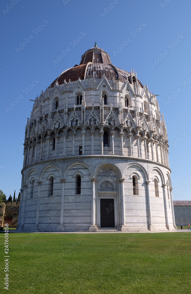 Baptistery of St. John, Cathedral St. Mary of the Assumption in the Piazza dei Miracoli in Pisa, Italy. Unesco World Heritage Site