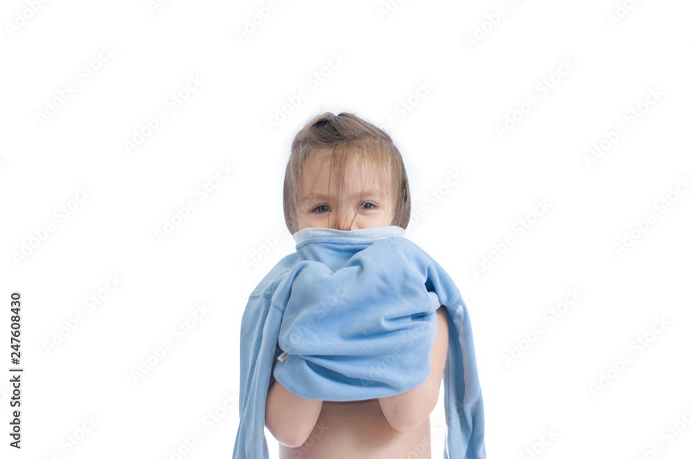 child wearing cloth. kid learning to wear blouse and gathering to kindergarten isolated on white background child wearing cloth. kid learning to wear blouse and gathering to kindergarten isolated on white background