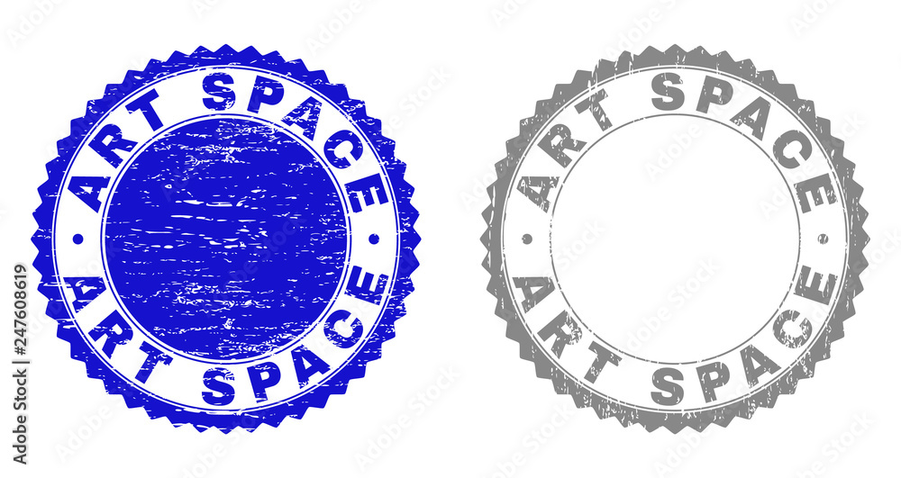 Grunge ART SPACE stamp seals isolated on a white background. Rosette seals with grunge texture in blue and grey colors. Vector rubber imprint of ART SPACE tag inside round rosette. Grunge ART SPACE stamp seals isolated on a white background. Rosette seals with grunge texture in blue and grey colors. Vector rubber imprint of ART SPACE tag inside round rosette.