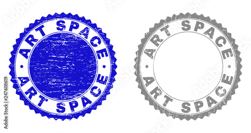 Grunge ART SPACE stamp seals isolated on a white background. Rosette seals with grunge texture in blue and grey colors. Vector rubber imprint of ART SPACE tag inside round rosette.