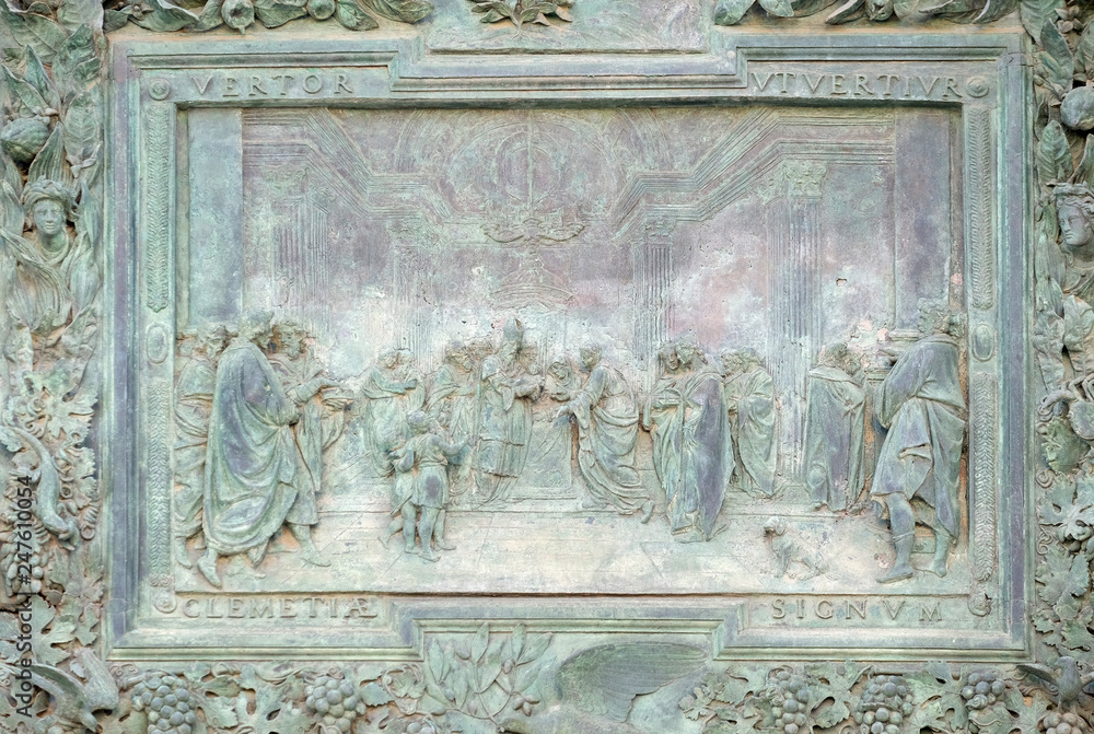 Presentation of Jesus at the Temple, detail of the central door of the Cathedral in Pisa, Italy