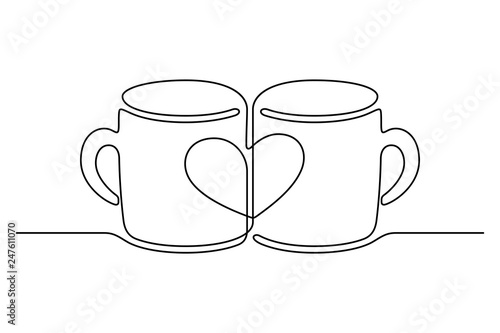 Continuous line drawing. Two cups with images of hearts. Black isolated on white background. Hand drawn illustration. 