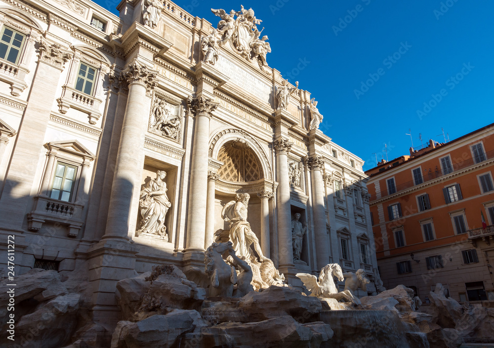 The Trevi Fountain is a fountain in the Trevi district in Rome, Italy. It is the largest Baroque fountain in Rome