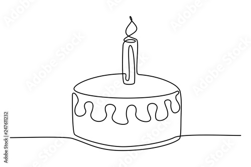 Continuous line drawing. Birthday cake with candle. Symbol of celebration. Black isolated on white background. Hand drawn illustration. 