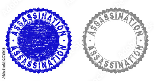 Grunge ASSASSINATION stamp seals isolated on a white background. Rosette seals with grunge texture in blue and gray colors. Vector rubber watermark of ASSASSINATION text inside round rosette.
