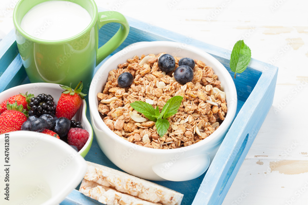 Healthy breakfast set with muesli, berries and milk Healthy breakfast set with muesli, berries and milk
