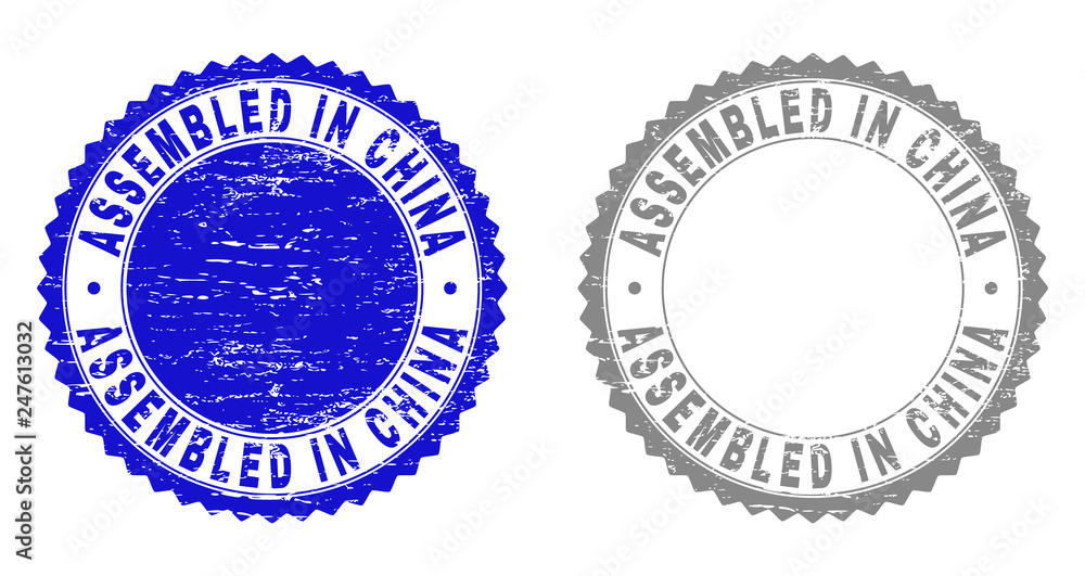 Obraz premium Grunge ASSEMBLED IN CHINA stamp seals isolated on a white background. Rosette seals with grunge texture in blue and gray colors. Vector rubber overlay of ASSEMBLED IN CHINA label inside round rosette.