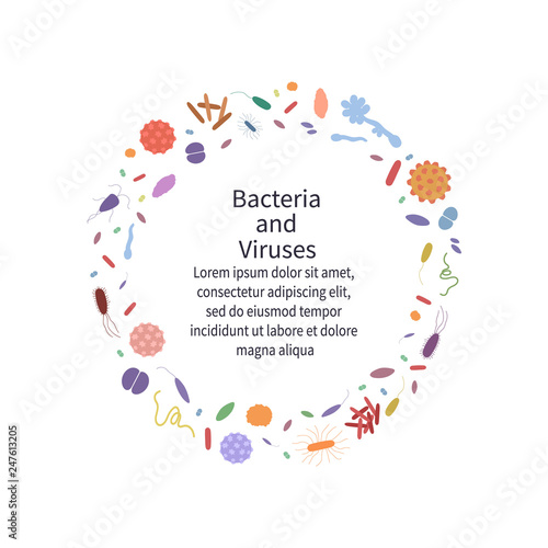 Colorful background with different dangerous viruses and bacteria. Template with text  for web design and print. Vector illustration