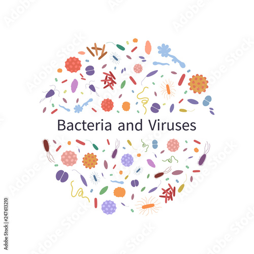 Colorful background with different dangerous viruses and bacteria. Template with text  for web design and print. Vector illustration