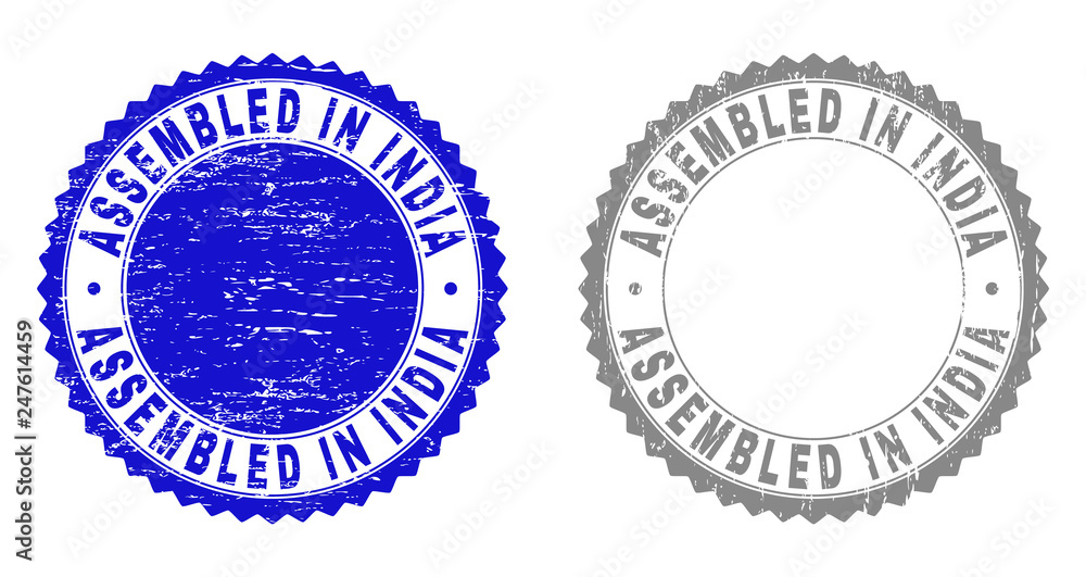 Obraz premium Grunge ASSEMBLED IN INDIA stamp seals isolated on a white background. Rosette seals with distress texture in blue and grey colors.