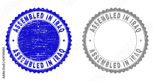 Grunge ASSEMBLED IN IRAQ stamp seals isolated on a white background. Rosette seals with grunge texture in blue and gray colors. Vector rubber imprint of ASSEMBLED IN IRAQ label inside round rosette.