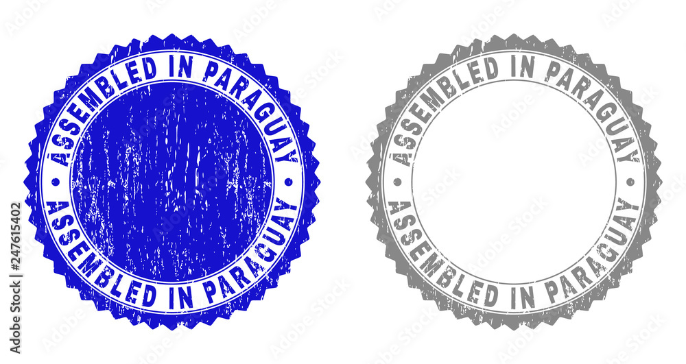 Obraz premium Grunge ASSEMBLED IN PARAGUAY stamp seals isolated on a white background. Rosette seals with grunge texture in blue and gray colors.