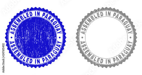 Grunge ASSEMBLED IN PARAGUAY stamp seals isolated on a white background. Rosette seals with grunge texture in blue and gray colors.